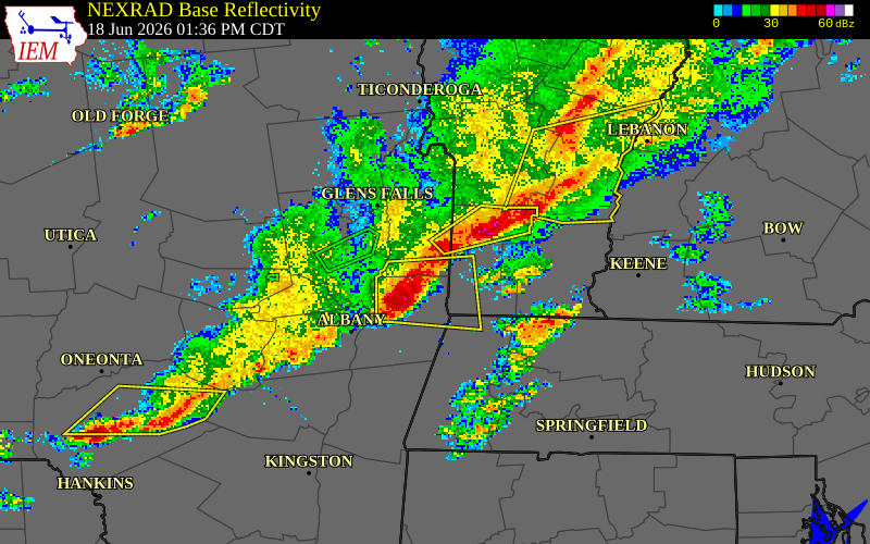 NEXRAD radar during the Thursday, June 18, 2026 storm activity in Washington County, New York