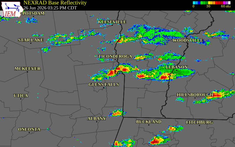 NEXRAD radar during the Friday, June 26, 2026 storm activity in Washington County, New York