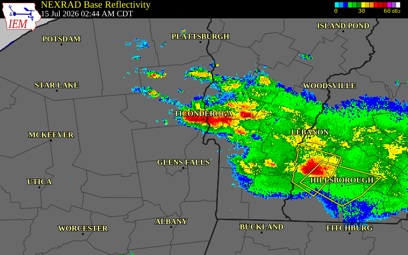 NEXRAD radar during the Wednesday, July 15, 2026 storm activity in Washington County, New York
