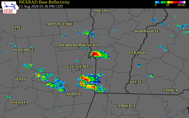 NEXRAD radar during the Thursday, August 13, 2026 storm activity in Washington County, New York