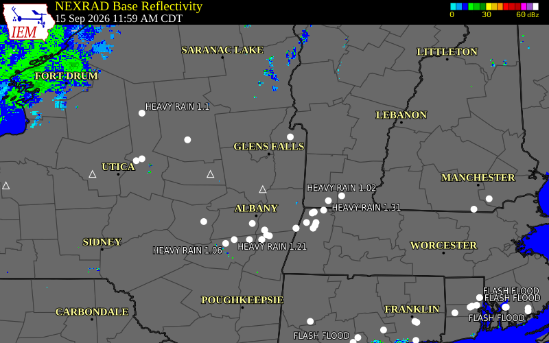 Current NEXRAD radar over Washington County, New York with recent storm report locations