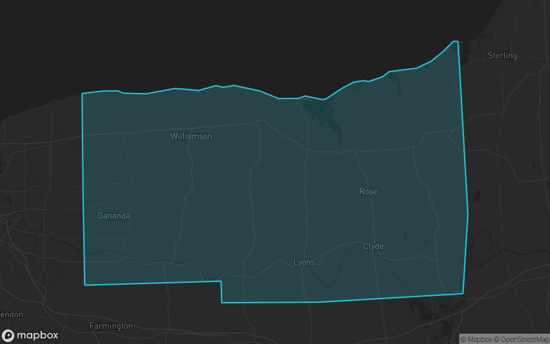 Map of Wayne County, New York showing the county boundary and surrounding cities