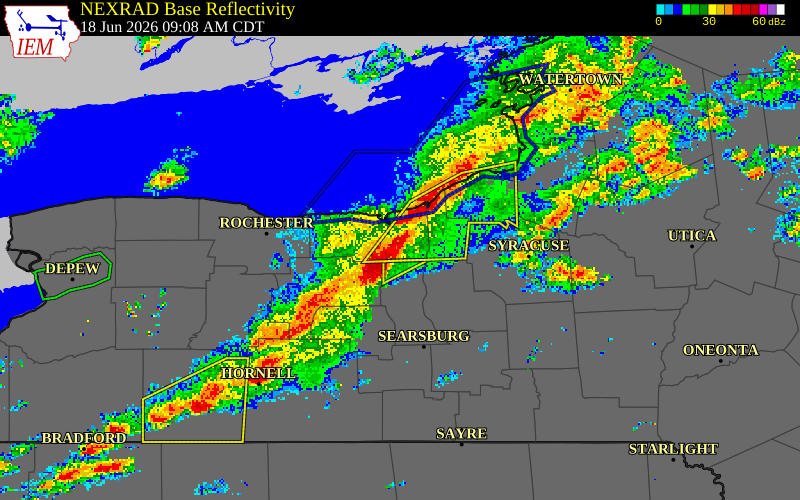 NEXRAD radar during the Thursday, June 18, 2026 storm activity in Wayne County, New York