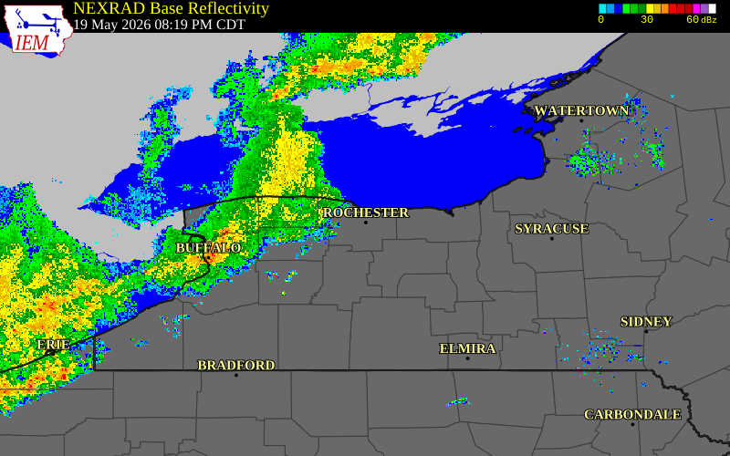 Radar snapshot during the May 19, 2026 wind event near Wayne County, Wayne County, New York, with NWS warning polygons
