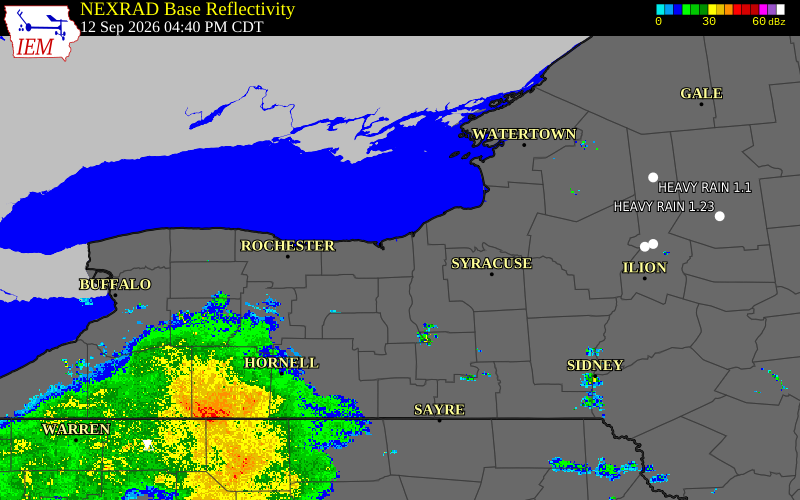 Current NEXRAD radar over Wayne County, New York with recent storm report locations