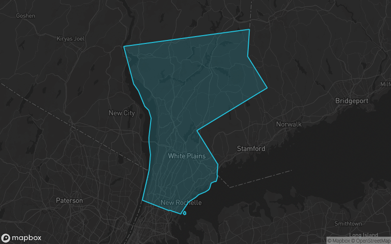 Map of Westchester County, New York showing the county boundary and surrounding cities