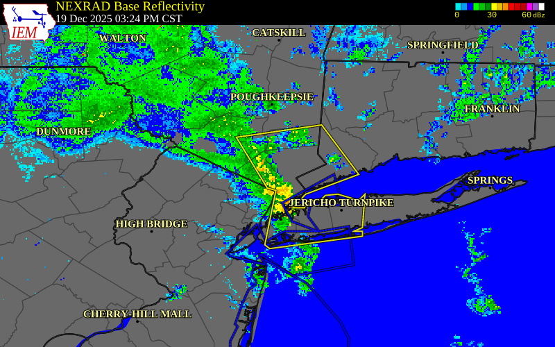 NEXRAD radar during the Friday, December 19, 2025 storm activity in Westchester County, New York
