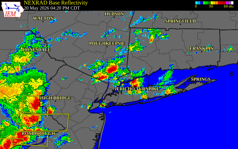 NEXRAD radar during the Wednesday, May 20, 2026 storm activity in Westchester County, New York