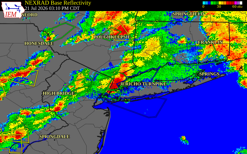NEXRAD radar during the Tuesday, July 21, 2026 storm activity in Westchester County, New York