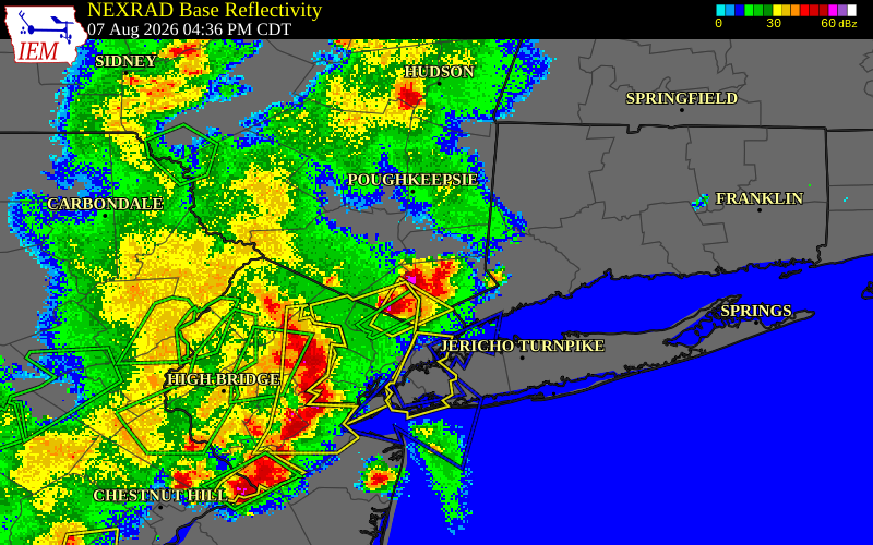 NEXRAD radar during the Friday, August 7, 2026 storm activity in Westchester County, New York