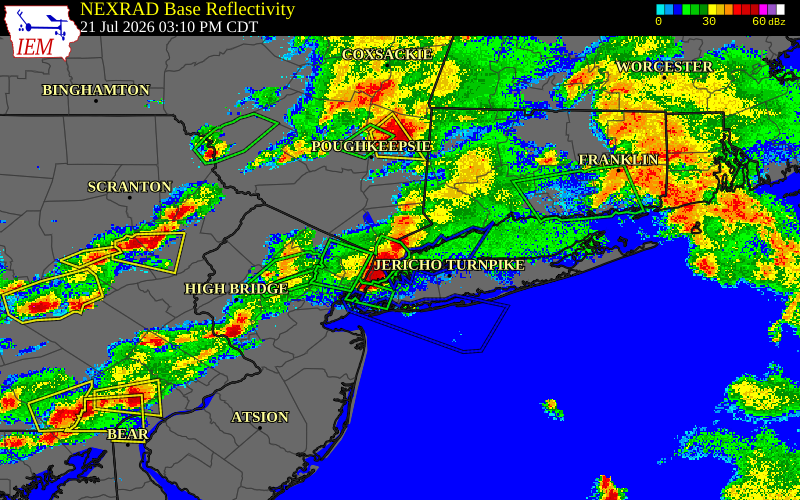 Radar snapshot during the Jul 21, 2026 tornado event near 1 N Harrison, Westchester County, New York, with NWS warning polygons