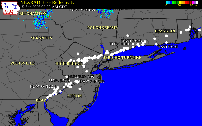 Current NEXRAD radar over Westchester County, New York with recent storm report locations