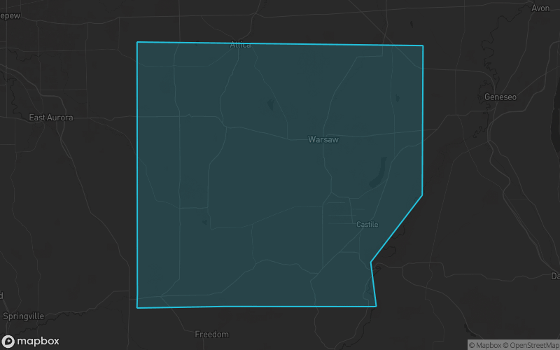 Map of Wyoming County, New York showing the county boundary and surrounding cities