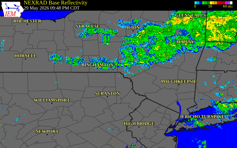 Radar snapshot during the May 29, 2026 wind event near Wyoming County, Wyoming County, New York, with NWS warning polygons