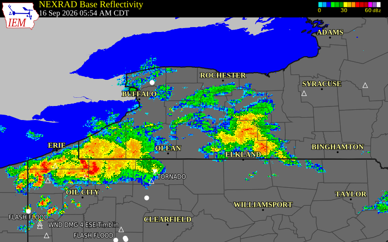 Current NEXRAD radar over Wyoming County, New York with recent storm report locations