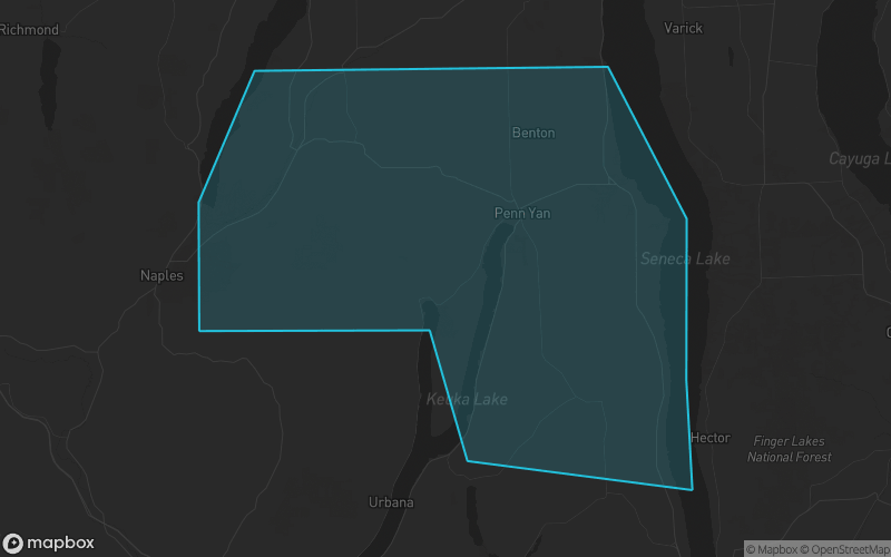 Map of Yates County, New York showing the county boundary and surrounding cities