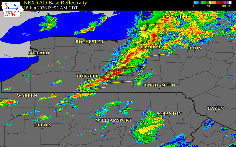 Radar snapshot during the Jun 18, 2026 tornado event near Rock Stream, Yates County, New York, with NWS warning polygons