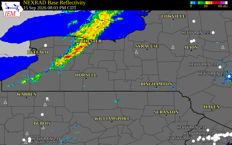 Current NEXRAD radar over Yates County, New York with recent storm report locations