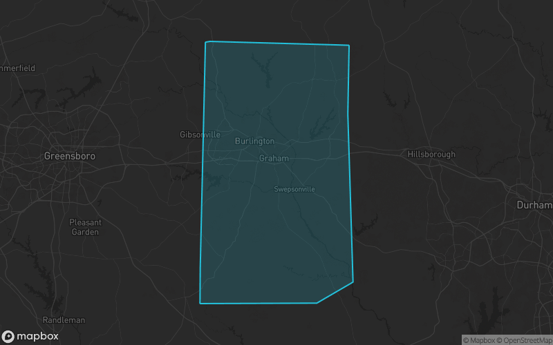 Map of Alamance County, North Carolina showing the county boundary and surrounding cities