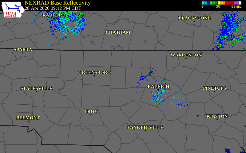 NEXRAD radar during the Tuesday, April 28, 2026 storm activity in Alamance County, North Carolina