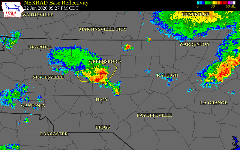 NEXRAD radar during the Monday, June 22, 2026 storm activity in Alamance County, North Carolina
