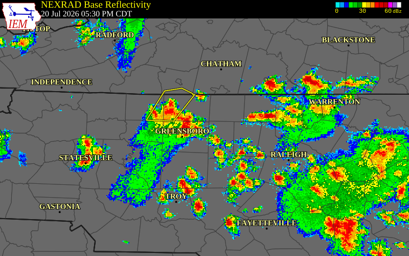 NEXRAD radar during the Monday, July 20, 2026 storm activity in Alamance County, North Carolina