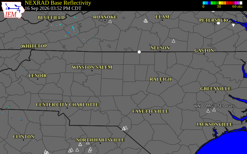 Current NEXRAD radar over Alamance County, North Carolina with recent storm report locations
