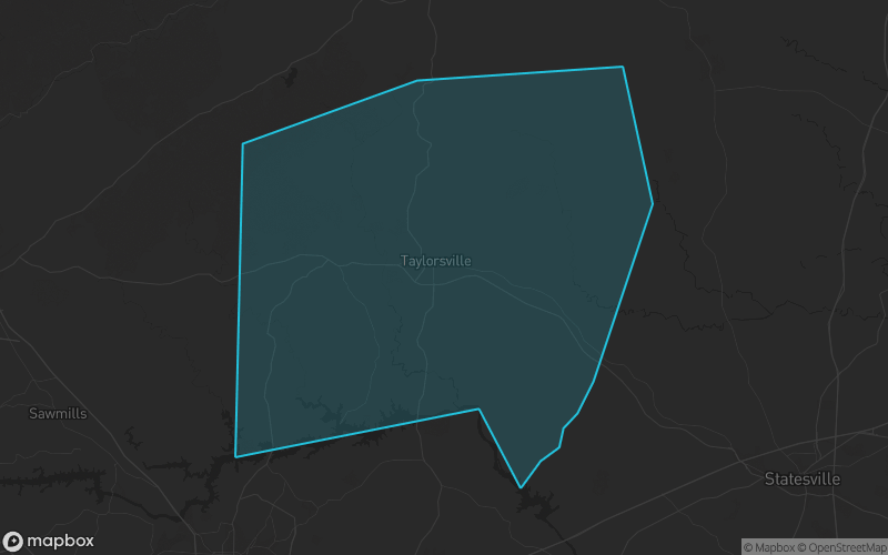 Map of Alexander County, North Carolina showing the county boundary and surrounding cities