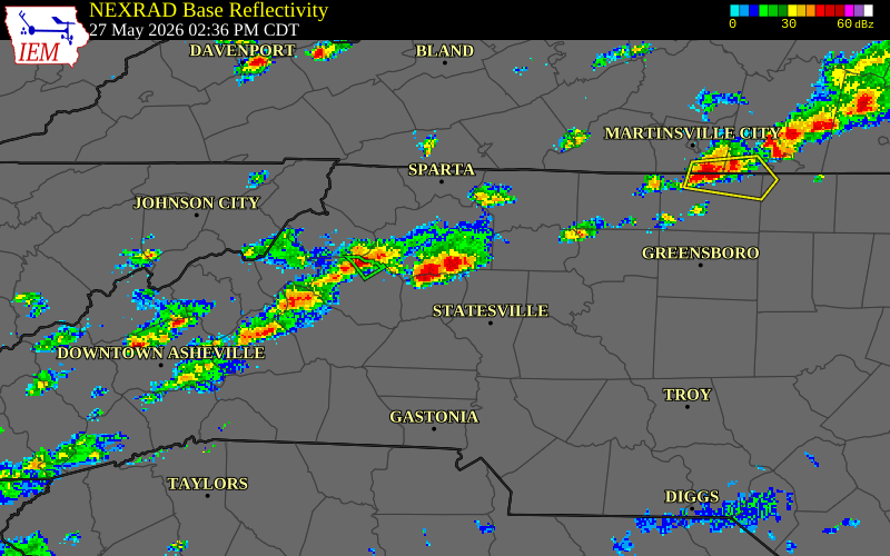 NEXRAD radar during the Wednesday, May 27, 2026 storm activity in Alexander County, North Carolina