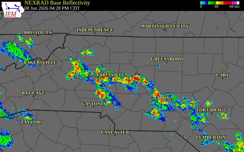 NEXRAD radar during the Monday, June 8, 2026 storm activity in Alexander County, North Carolina