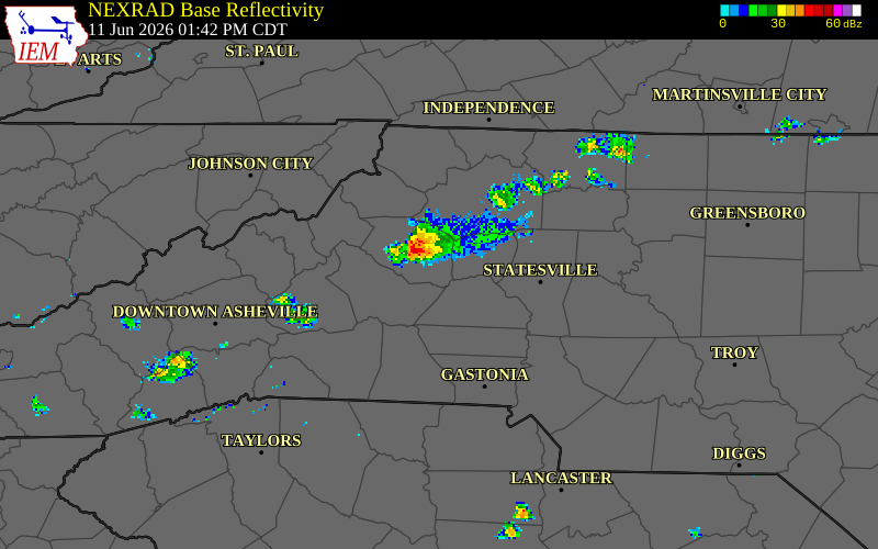 NEXRAD radar during the Thursday, June 11, 2026 storm activity in Alexander County, North Carolina