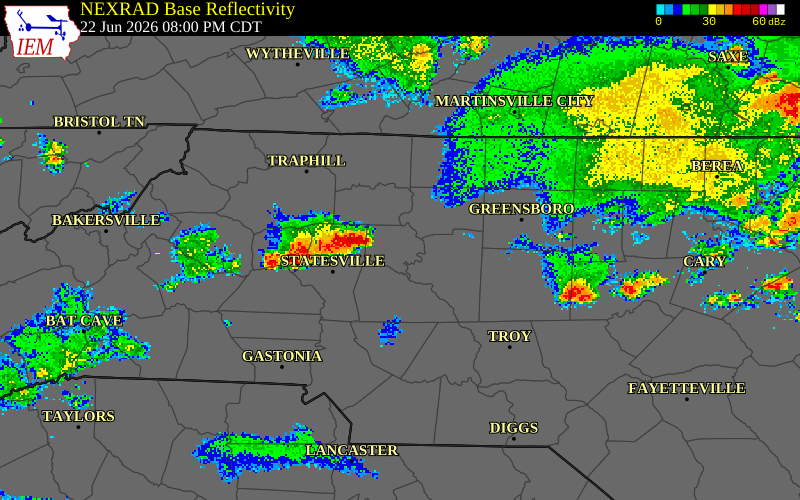 NEXRAD radar during the Monday, June 22, 2026 storm activity in Alexander County, North Carolina