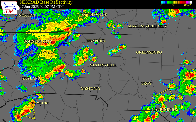 NEXRAD radar during the Saturday, June 27, 2026 storm activity in Alexander County, North Carolina