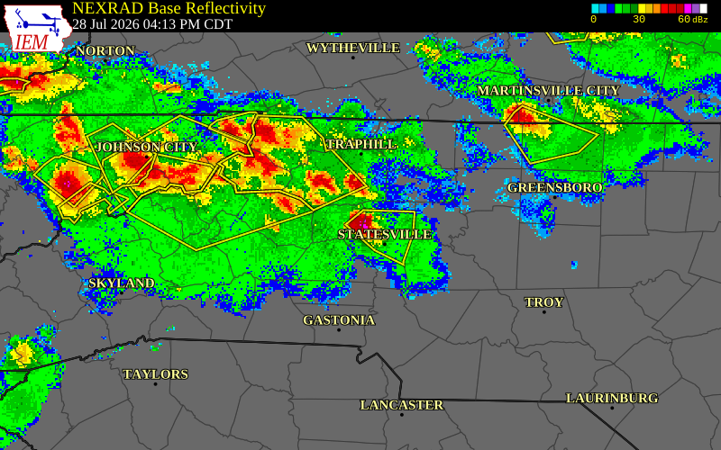 NEXRAD radar during the Tuesday, July 28, 2026 storm activity in Alexander County, North Carolina