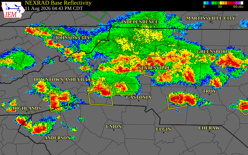 NEXRAD radar during the Tuesday, August 11, 2026 storm activity in Alexander County, North Carolina