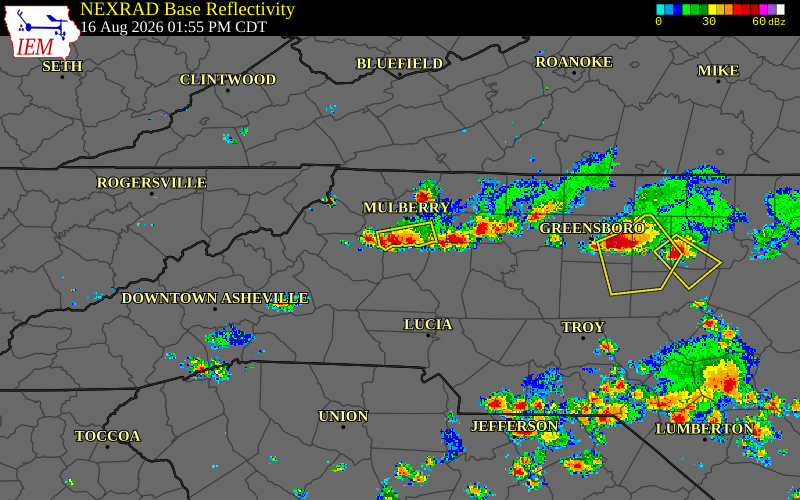 Radar snapshot during the Jul 28, 2026 hail event near 3 ENE Hiddenite, Alexander County, North Carolina, with NWS warning polygons