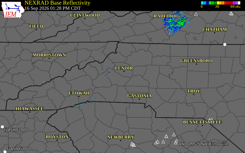 Current NEXRAD radar over Alexander County, North Carolina with recent storm report locations