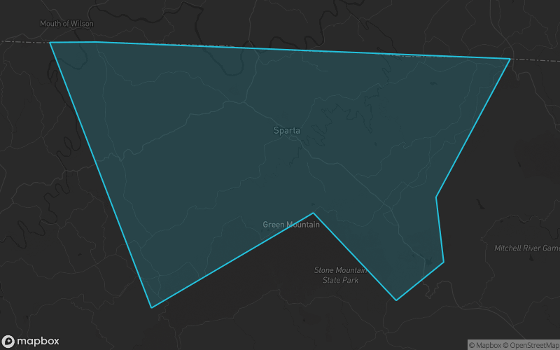 Map of Alleghany County, North Carolina showing the county boundary and surrounding cities