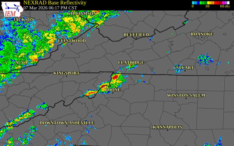 NEXRAD radar during the Saturday, March 7, 2026 storm activity in Alleghany County, North Carolina