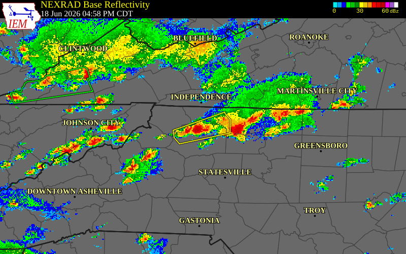 NEXRAD radar during the Thursday, June 18, 2026 storm activity in Alleghany County, North Carolina