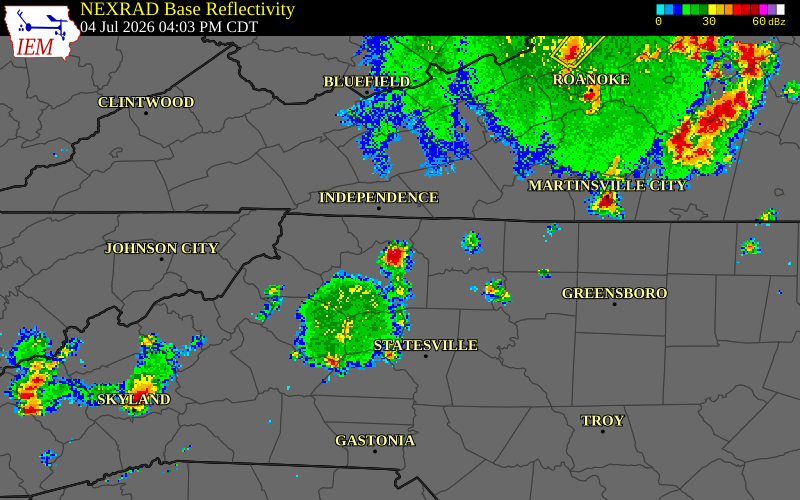 NEXRAD radar during the Saturday, July 4, 2026 storm activity in Alleghany County, North Carolina