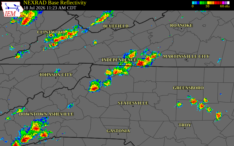 NEXRAD radar during the Saturday, July 18, 2026 storm activity in Alleghany County, North Carolina