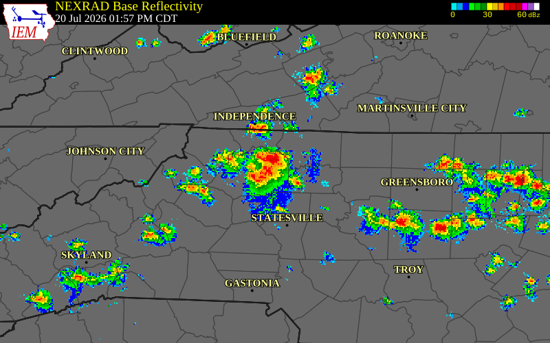 NEXRAD radar during the Monday, July 20, 2026 storm activity in Alleghany County, North Carolina