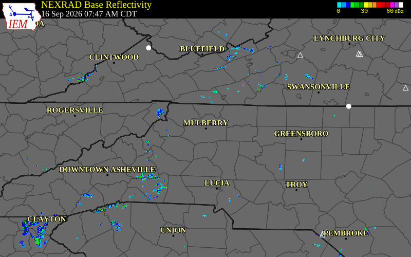Current NEXRAD radar over Alleghany County, North Carolina with recent storm report locations
