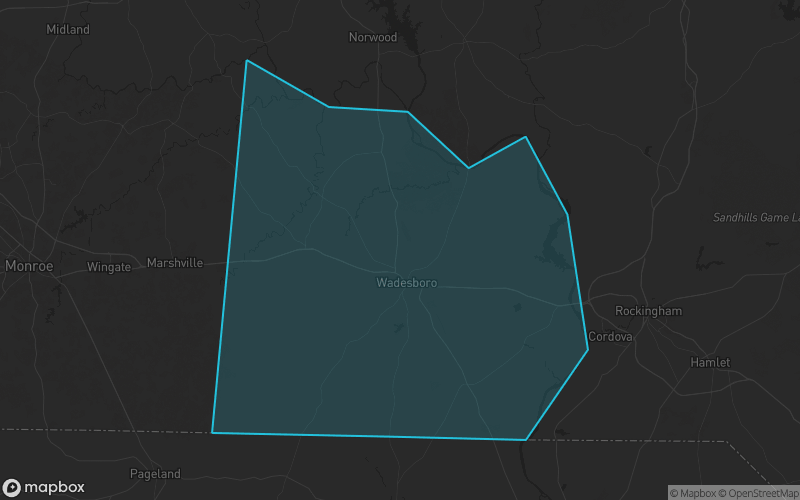 Map of Anson County, North Carolina showing the county boundary and surrounding cities