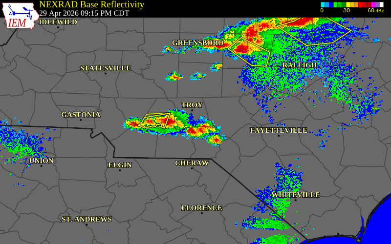 NEXRAD radar during the Wednesday, April 29, 2026 storm activity in Anson County, North Carolina