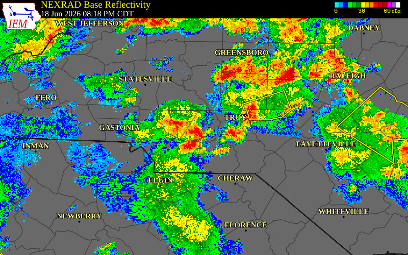 NEXRAD radar during the Thursday, June 18, 2026 storm activity in Anson County, North Carolina
