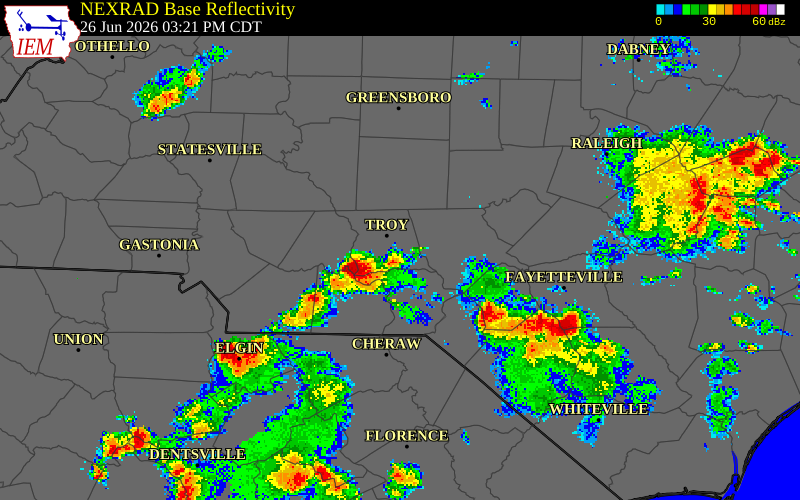 NEXRAD radar during the Friday, June 26, 2026 storm activity in Anson County, North Carolina
