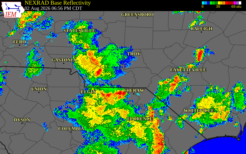 NEXRAD radar during the Sunday, August 2, 2026 storm activity in Anson County, North Carolina