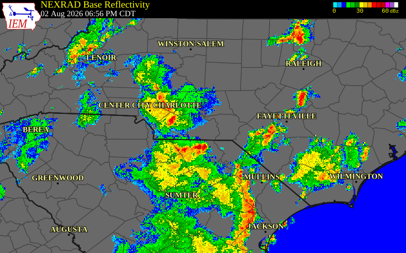 Radar snapshot during the Aug 2, 2026 wind event near Anson County, Anson County, North Carolina, with NWS warning polygons